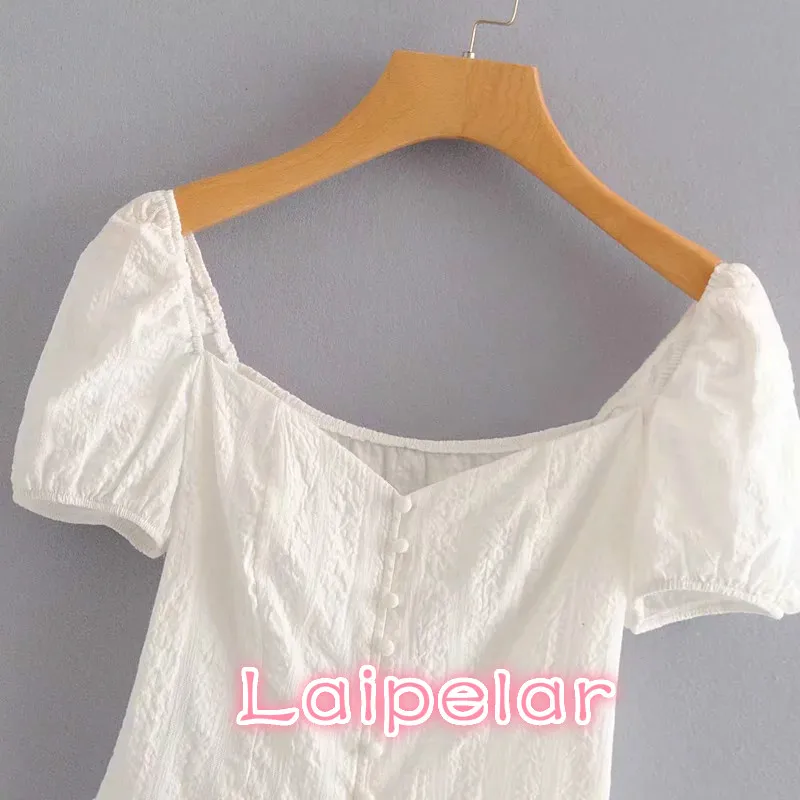 elegant button square collar white blouse Summer puff sleeve backless ruffles shirts korean fashion women tops and blouse blusas Blouses