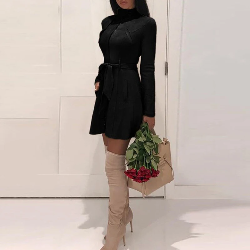 ELSVIOS Zipper Faux Suede Leather Dress 2018 Autumn Long Sleeve Mini Short Dress with Belt Women Chic Slim A-Line Party Dresses