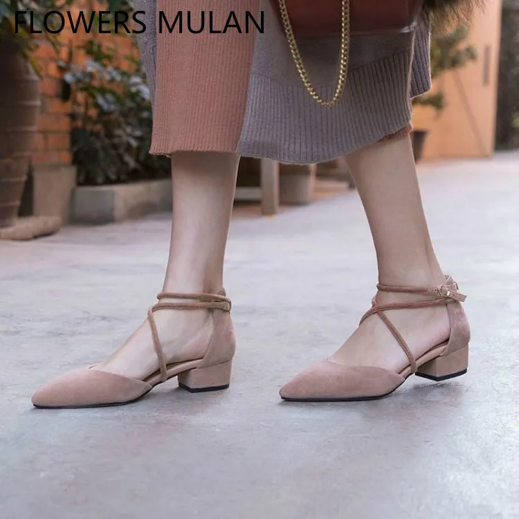 

Black Brown Pink Suede Sandalias Mujer 2019 Pointed Toe Corss Tied Cover Heel Shoes Woman Chunky Heel Zapatos De Mujer Gladiator