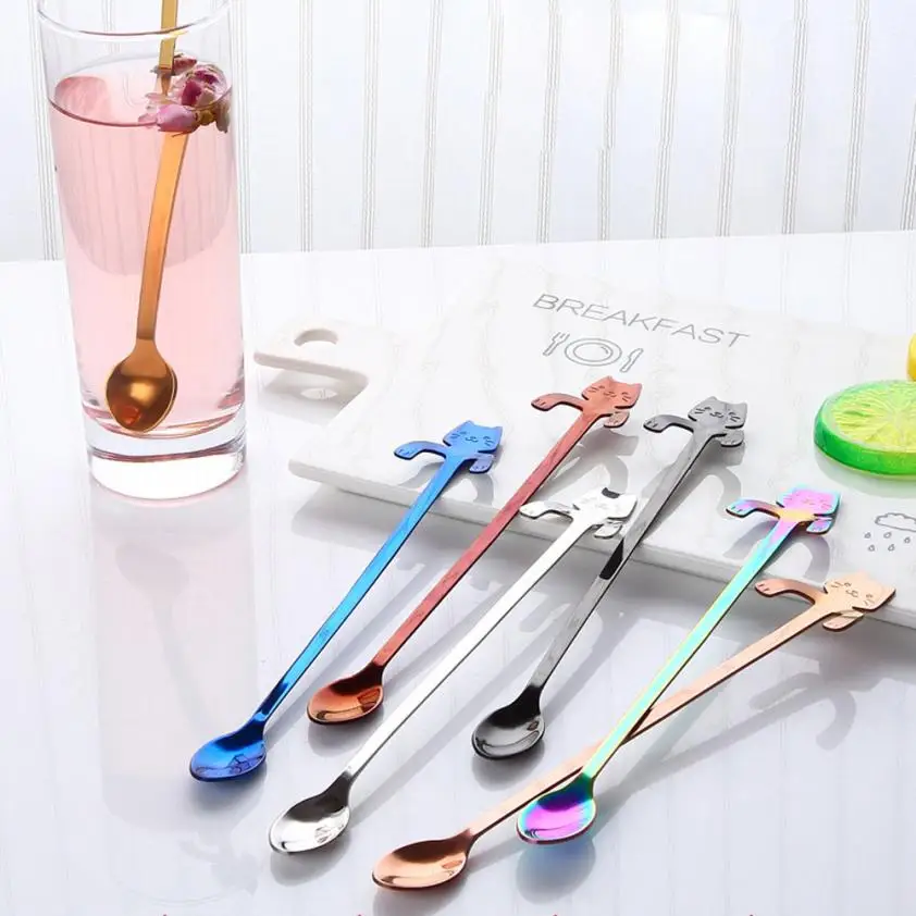 

Cute Cat Spoon Long Handle stainless steel spoon fork chopsticks Flatware Coffee Drinking Tools Kitchen Gadget 12.7