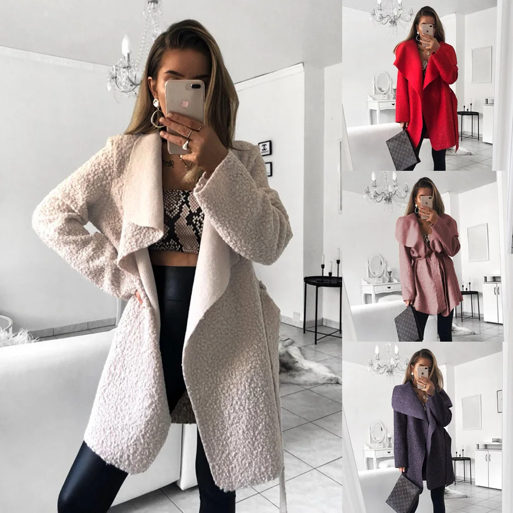 Peacoat Long Coat Women Cashmere Solid Tun Down Sash Ladies Coats Winter Jacket Casual Wool Blend Coat casaco feminino 2018