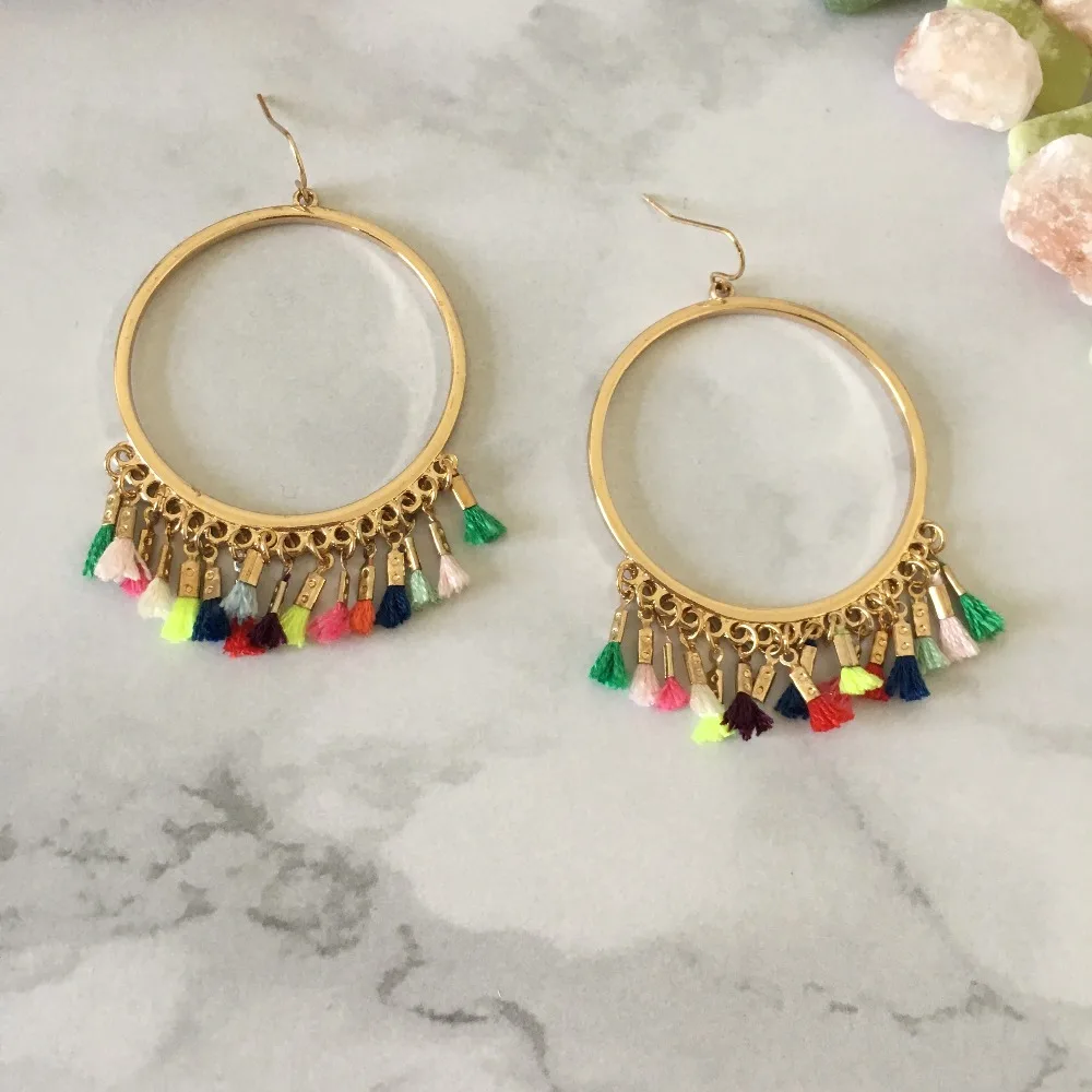 

ROMANTIC EARRING GOLD COLOR PLATING COLORFUL RAINBOW THREAD TASSEL DROP EARRINGS