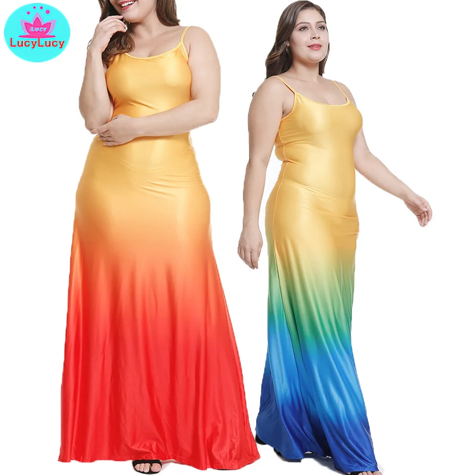 

2019 summer Europe and the United States new fashion gradient color sling long dress women's large size Spaghetti Strap