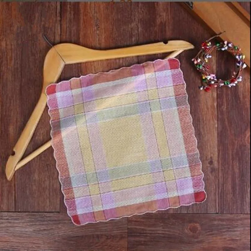 Random Color Womens Ladies Cotton Soft Printed Handkerchief Mixed Color Plaid Pocket Square Hankies 28x28cm BBB1062 12Pcs