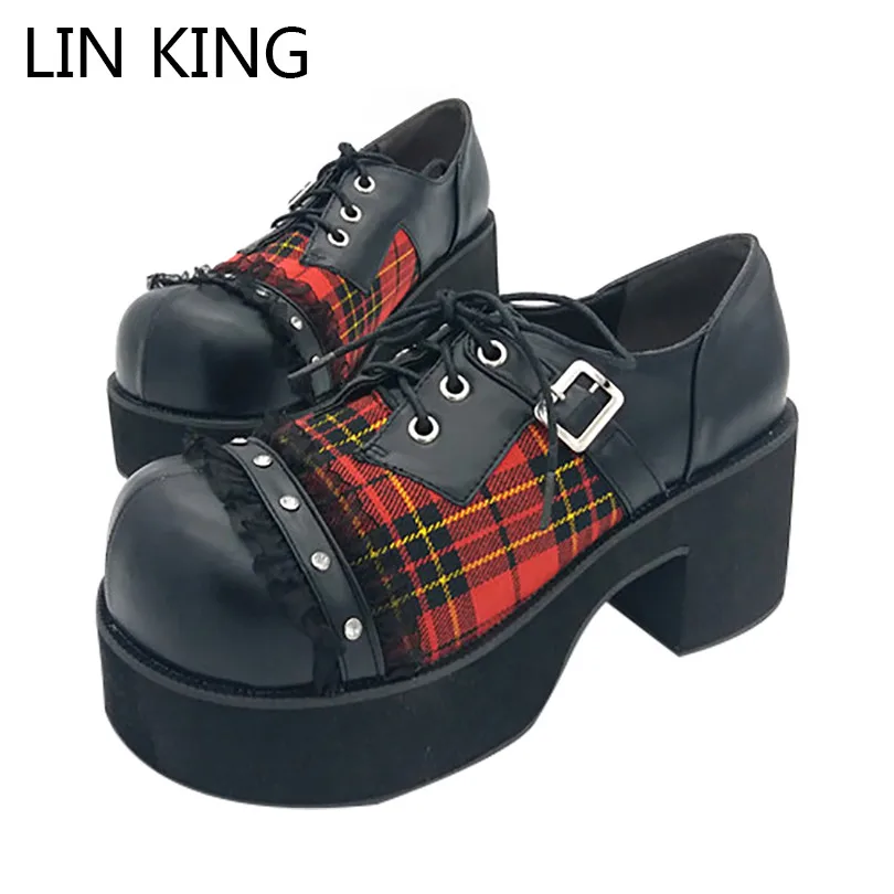 

LIN KING New Women Pumps Lace Up Punk Style Retro Lattice Lolita Shoes Thick Square Heel Cute Round Toe Kawaii Platform Shoes