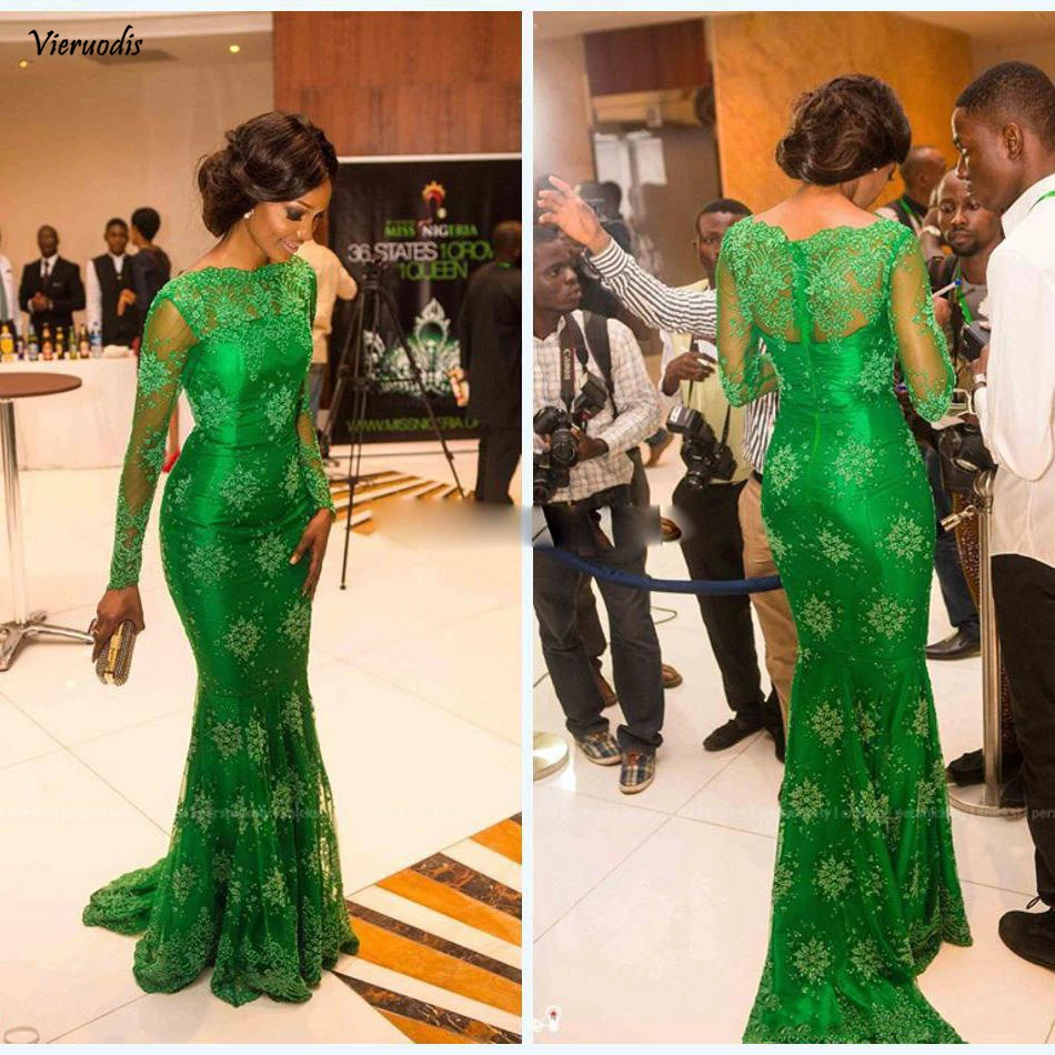 141-1               2018 newest Sheer lace Long sleeves evening dress with bateau emerald green prom dresses mermaid celebrity evening gowns