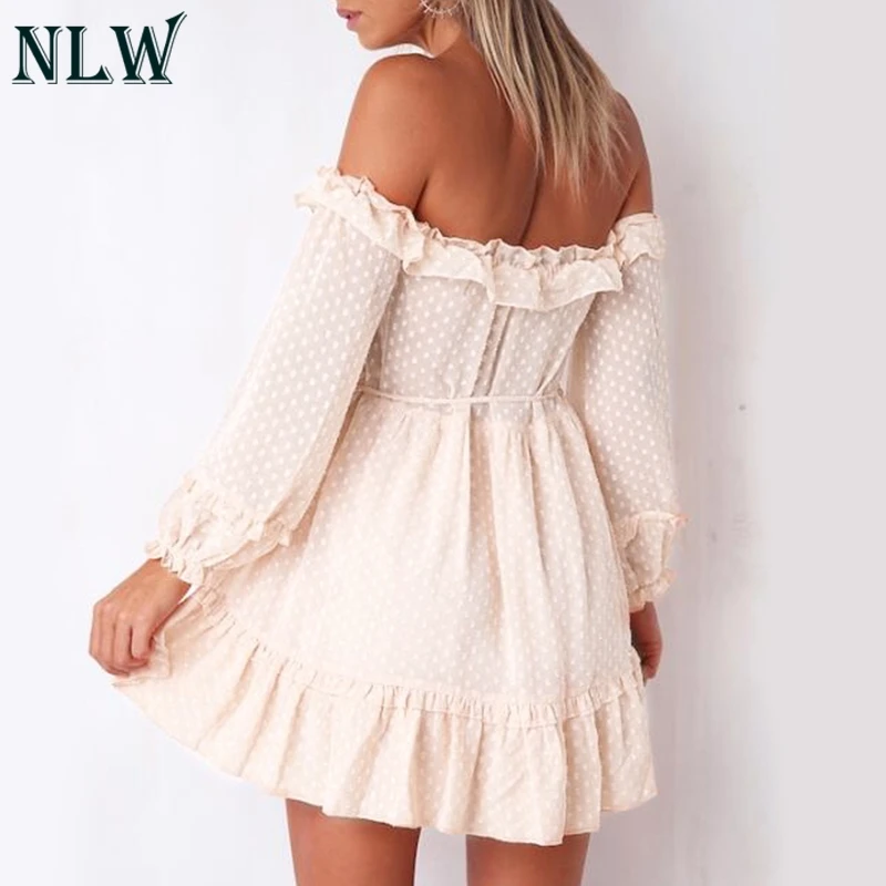 NLW Сексуальная плеча с длинным рукавом Сетчатое платье Пляж Boho элегантные
