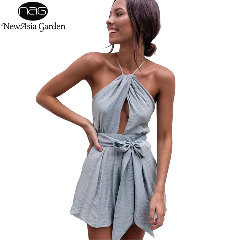 NewAsia مثير ارتداءها الصيف بذلة ربطة القوس فيونكة حزام خصر عارية الذراعين الرسن المرأة Playsuit الشاطئ ثوب فضفاض للمرأة بذلة قصيرة