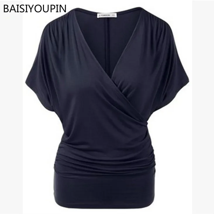

Hot Sale 2019 Summer Europe and America Sexy Deep V T-Shirts Women Fashion Solid Short Batwing Sleeve Cross Pleat Tops & Tees