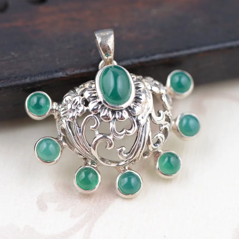 

FNJ 925 Silver Flower Pendant New Fashion Green Chalcedony Pure S925 Solid Thai Silver Pendants for Women Men Jewelry Making
