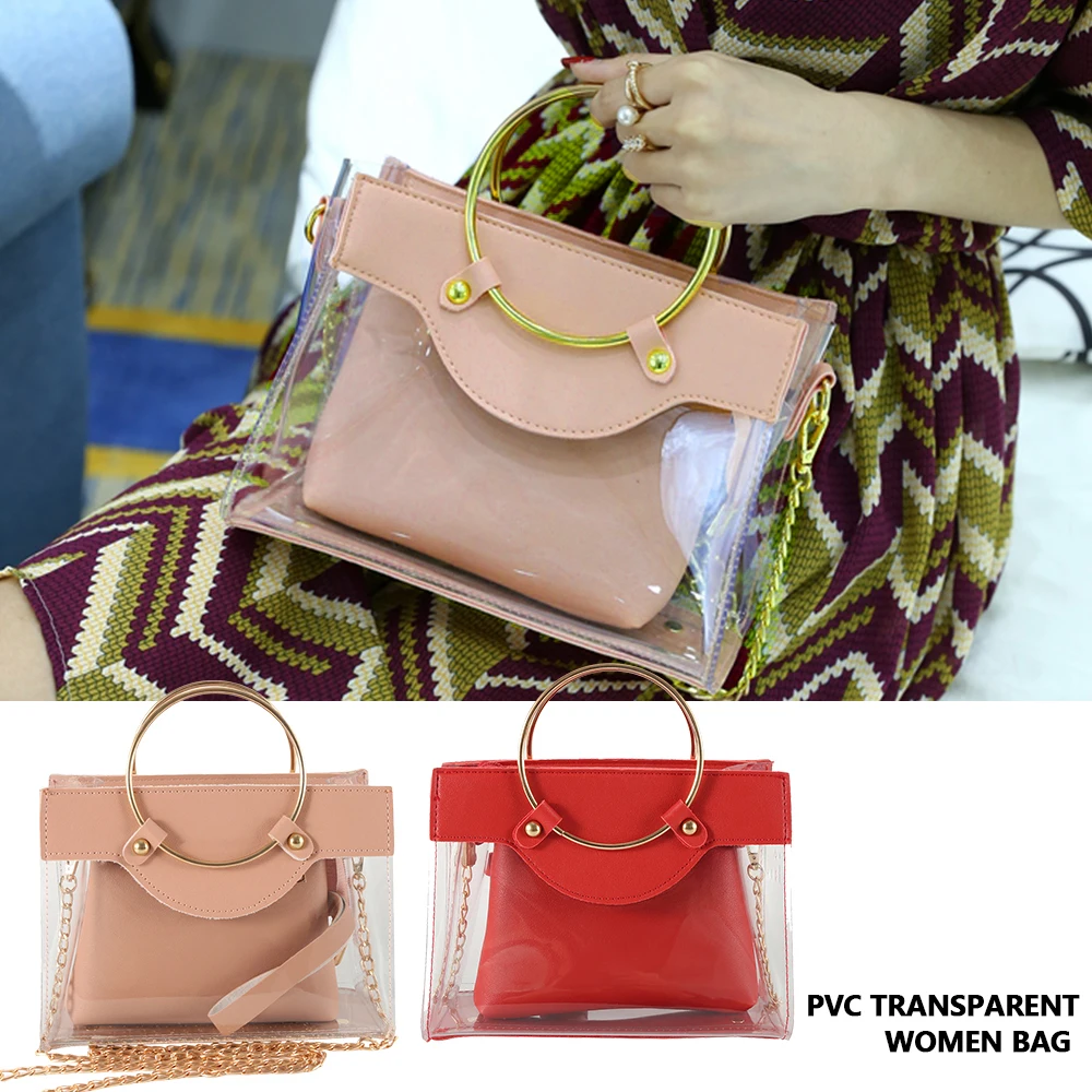 

2019 Summer New Handbag High quality PVC Transparent Women bag Metallic Ring Tote bag Beach Travel Chain Shoulder Messenger Bag