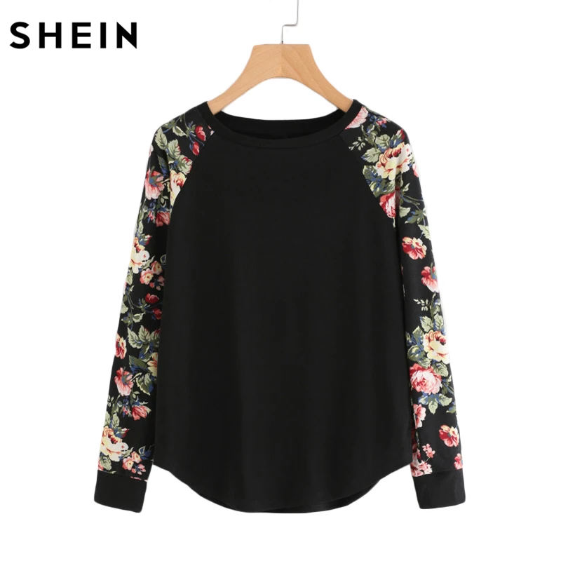 SHEIN Floral Raglan Sleeve Curved Hem Womens Tee Shirts Autumn Womens T shirts Casual Ladies Black Long Sleeve T shirt