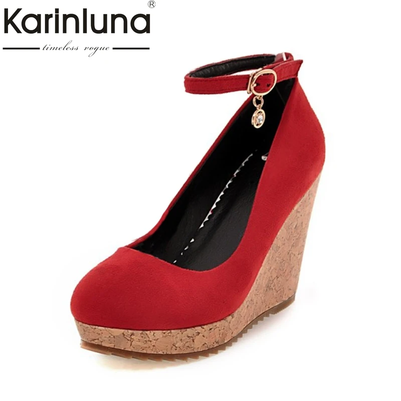 

KarinLuna Women's Ankle Strap Buckle Up High Heel Wedge Round Toe Platform Pumps Shoes Woman Big size 33-41