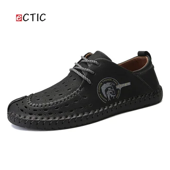 

ECTIC Big Size Summer Handmade Leather Shoes Men Casual Soft Leather Leisure Holes Hollow Out Shoe Plus Size 45 46