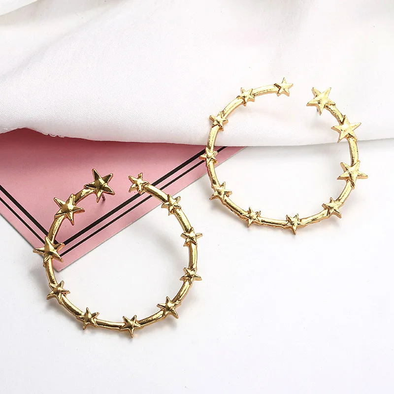 Newly Women Round Circle Dangle Earrings Sweet Flower Five-pointed Star Decor Luxury Jewelry Pink Flower Earrings Brincos