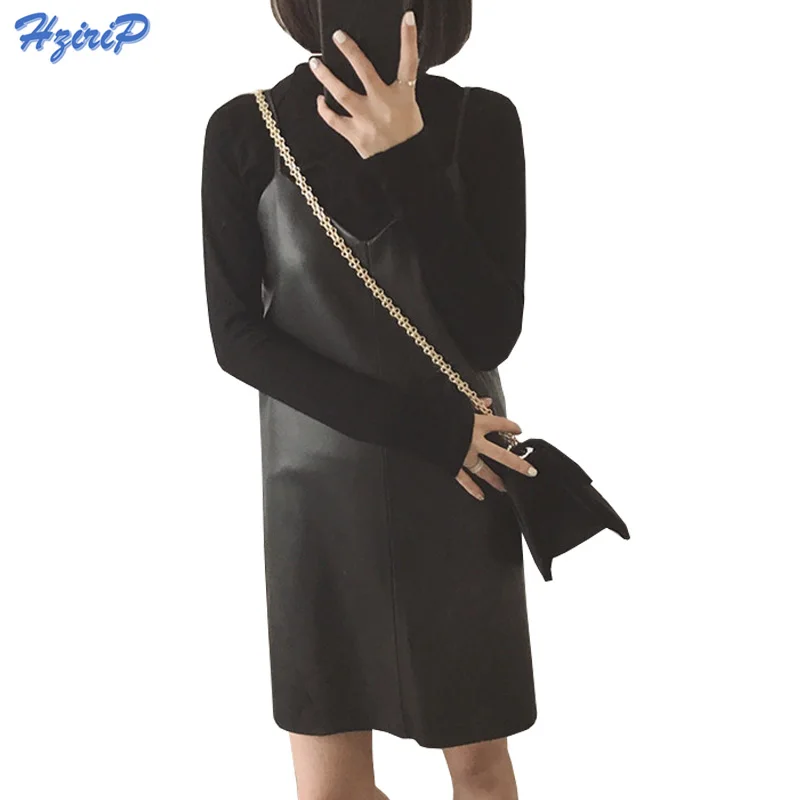 

HziriP Women Sexy Faux Leather Midi Dress Winter Sleeveless Bottoming Dresses Autumn New Black Strap Soft PU Sundress Plus Size