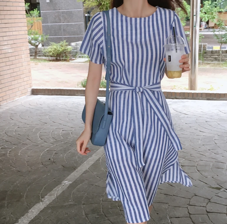 

Women Summer Korean Vintage Striped Long Dress with Belt Short Sleeve O-neck Female Elegant Jurken Casual Faldas Mujer Moda 2019