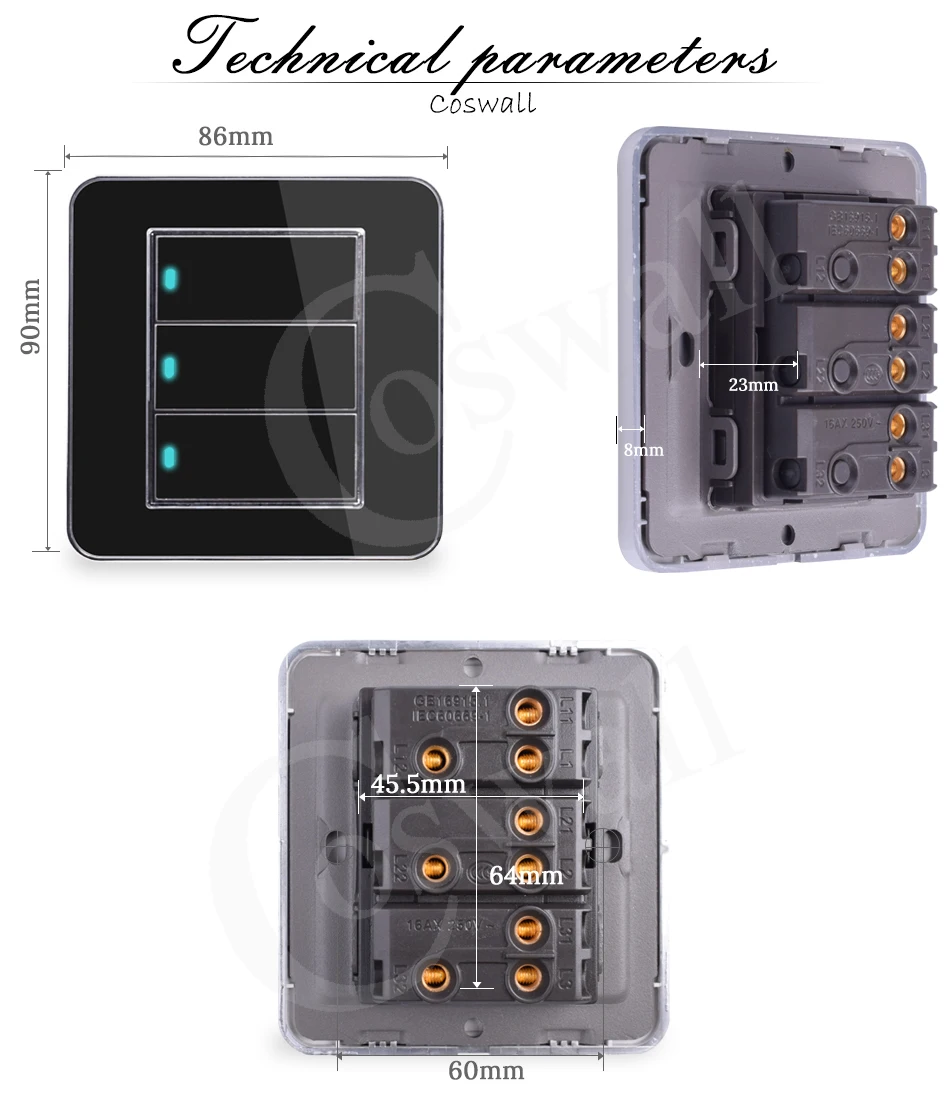 Производитель Coswall бренд 3 банда 2 способа случайный щелчок вкл/выкл настенный светильник с Светодиодный индикатор акриловая кристальная панель