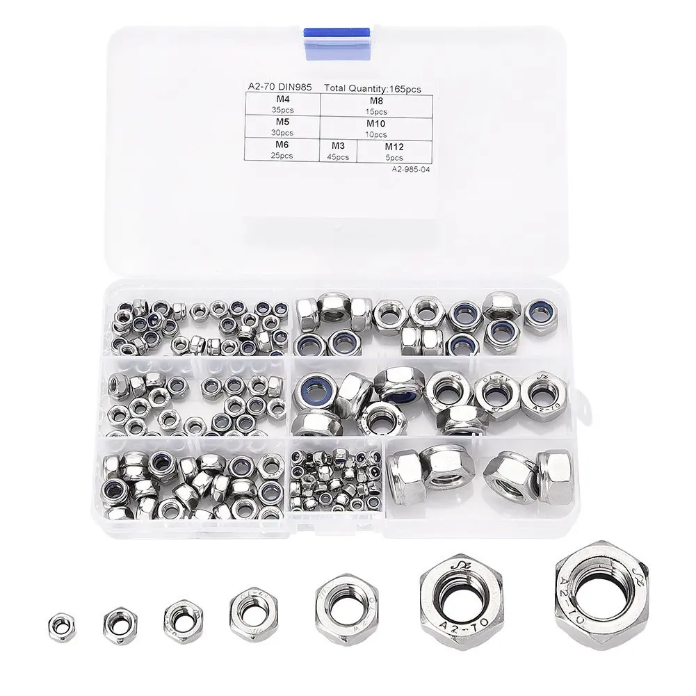 

165pcs Assortment Nylon Nut sets, A2-70 Stainless Steel, incl. M3, M4, M5, M6 M8 M10 M12 in a Durable Compartment Box