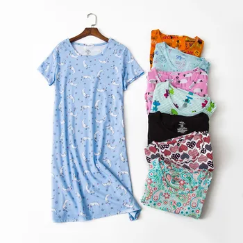 

New 100% Cotton Short Sleeved Nightgowns Cute Cartoon Family Clothes Women Sleepshirts Plus Size Sleeping Skirt Simple Dresses