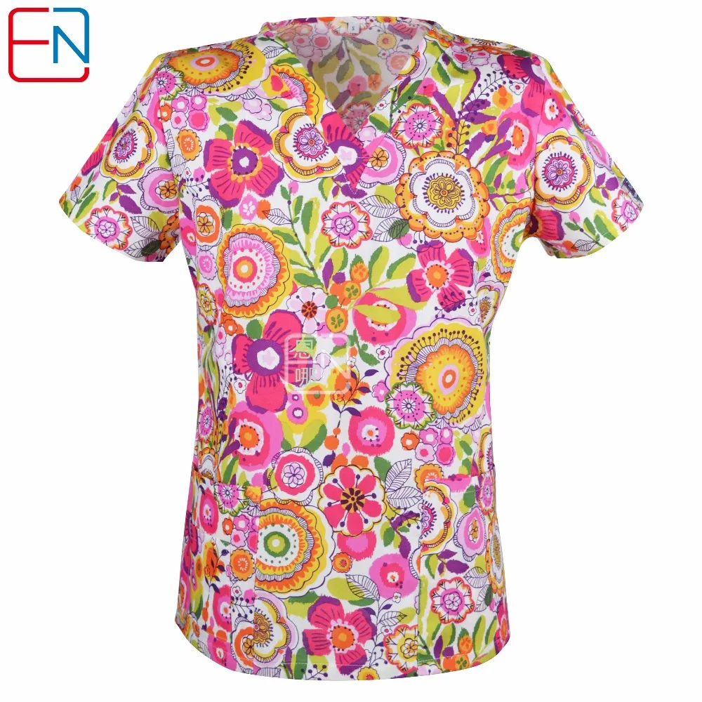 Hennar Women Medical Scrub Top V Neck 100 Cotton Print Hospital