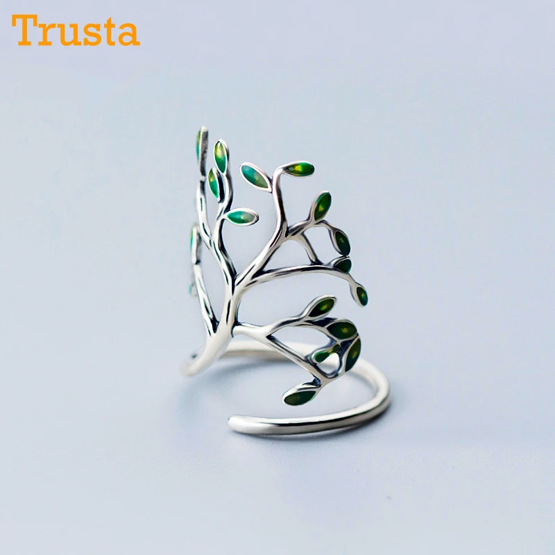 

Trusta 100% 925 Solid Sterling Silver Jewelry Drop Glaze Leaves Open Rings Women Original Handmade Lady Prevent Allergy DS635