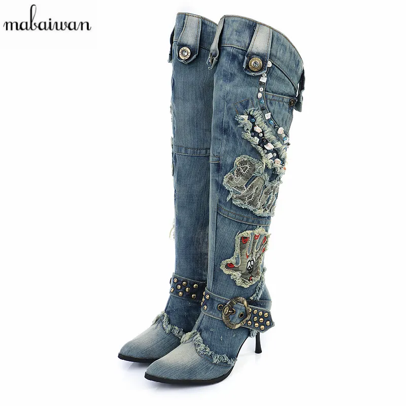 Mabaiwan Women Denim Boots Thin High Heel Knee High Boots Rhinestone Beading Botas Winter Warm