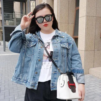 

2019 Spring Women Basic Coats Women Denim Jacket Pearls Beading Jeans Coat Loose Long Sleeve Jackets big size 4XL 1982