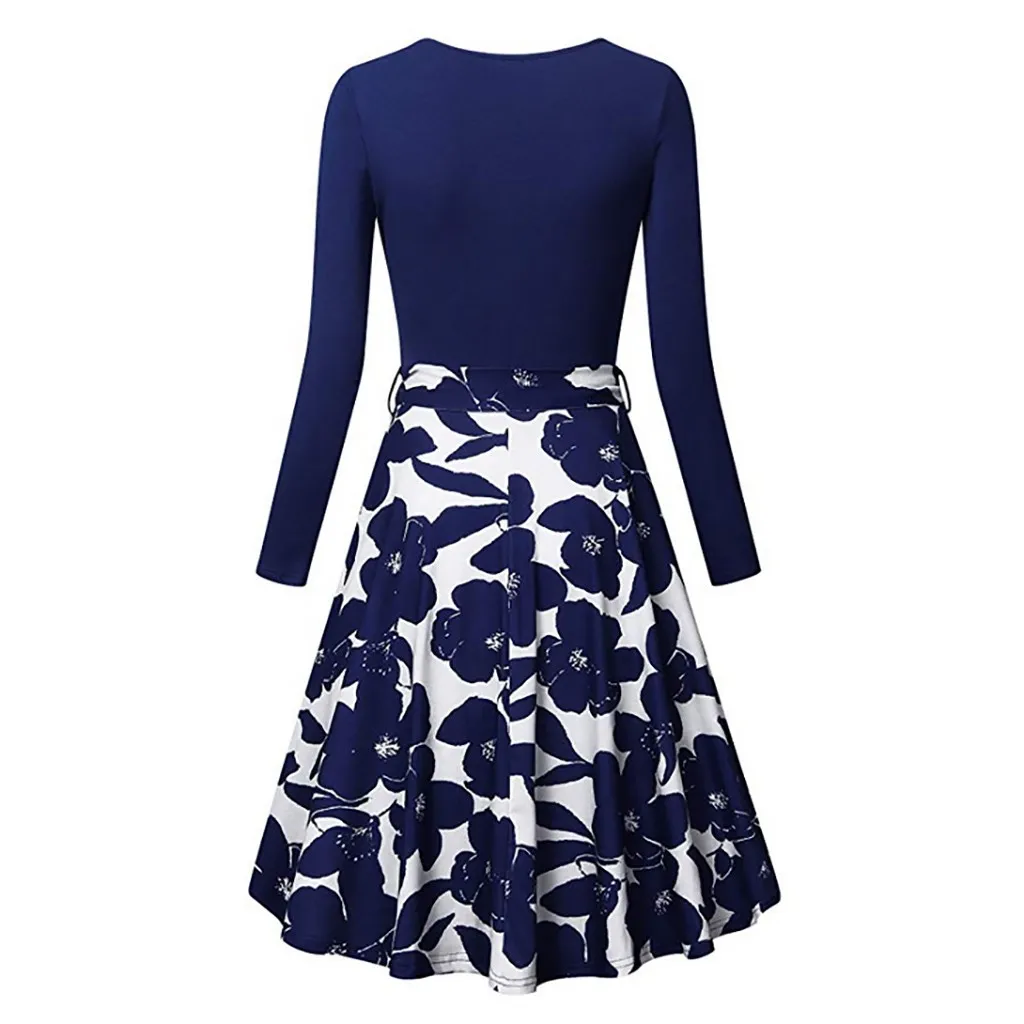 

Women's Long Sleeve V- Neck Dresses Vintage Elegant Flared Dress Party Swing Robe Dress Casual Plus Size Print blue #YL1