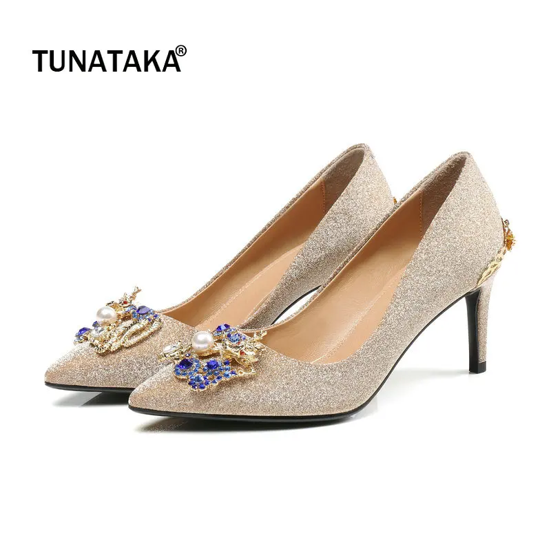 

Thin High Heel Pointed Toe Woman Lazy Pumps Fashion Crystal Dress Shoes Woman Gold