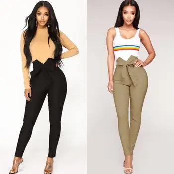 

Hirigin Sexy Women Slim Pants High Waist Casual Solid Fitness Bow Belted Long Pencil Trousers