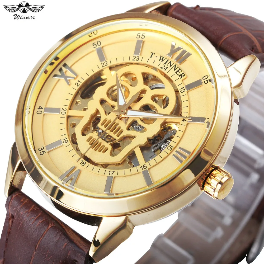 

WINNER Golden Skull Watches Men Leather Strap Top Brand Luxury Automatic Mechanical Wristwatches Roman Numerals Skeleton Clock