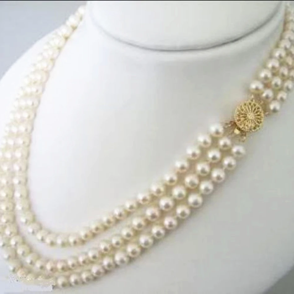 7-8MM 3 ROWS NATURAL WHITE FRESHWATER PEARL GEMS NECKLACE BRACELET SET 18-20''