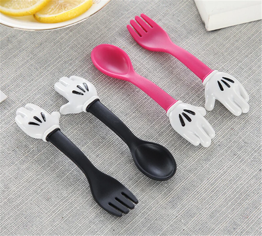 2PCS/set Toddler Dinnerware Kids Cute Fork Spoon Mouse Palm Shape