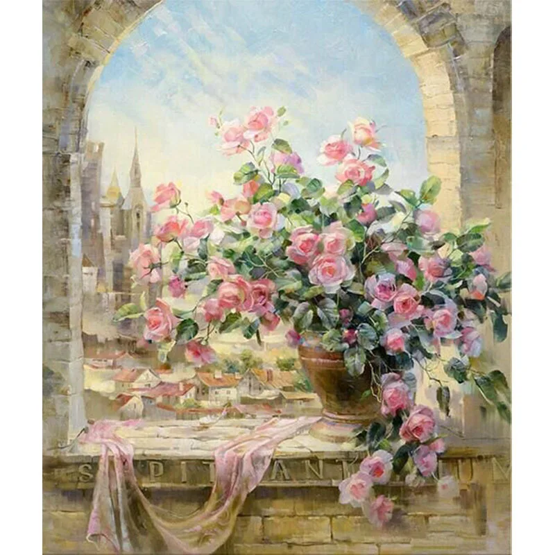 

Frameless HandPainted DIY Oil Picture Painting By Numbers A Potted Flower In Front of The Window for Home Decor Living Room