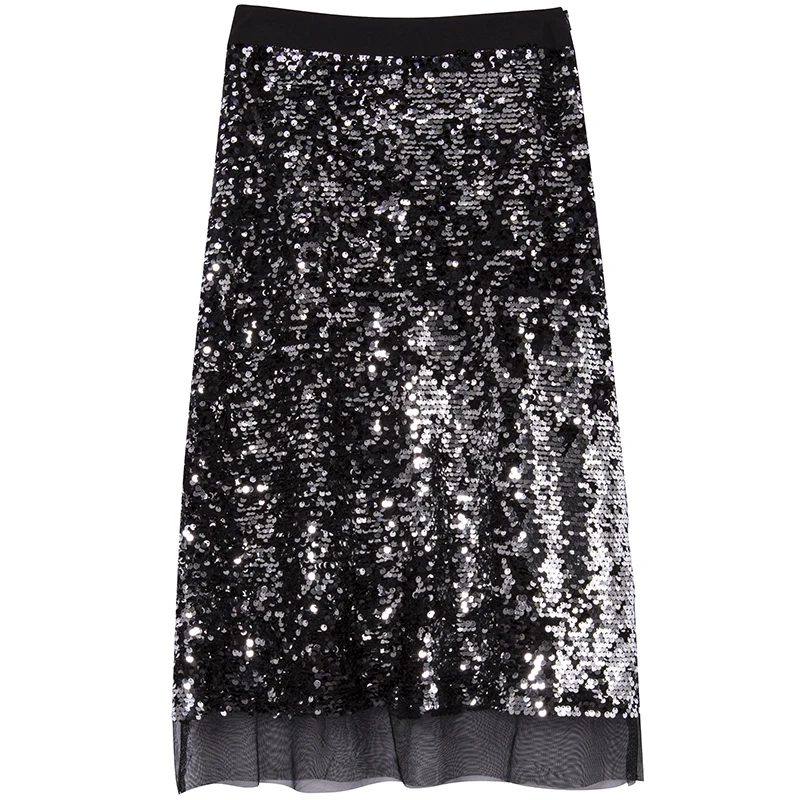 Женская длинная юбка с металлическими блестками на осень-зиму, серебристая, золотистая, черная, металлическая, с блестками, сетчатая юбка-Русалка