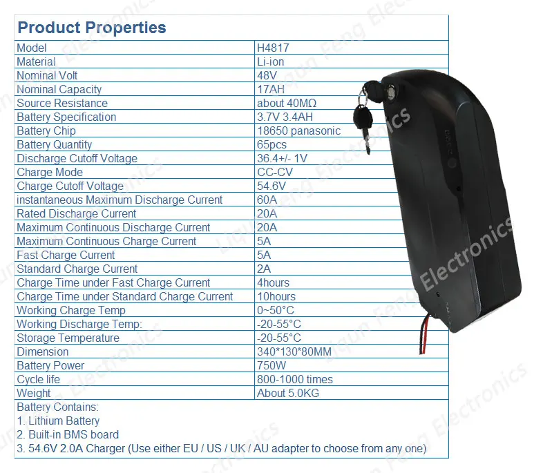 Best Down Tube Ebike Battery 48V 750W Lithium ion Battery 48V 17AH Electric Bike Battery use NCR18650B cell With USB Port BMS 2A Char 1