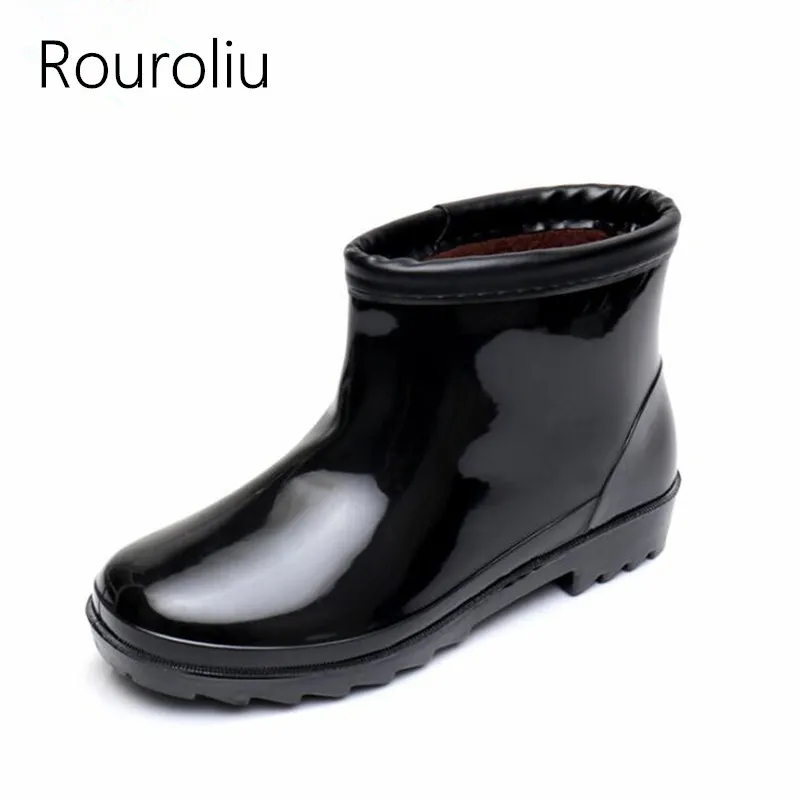 

Rouroliu Men Fashion Warm Ankle Rainboots Wellies Thick Bottom Waterproof Non-Slip Hard-Wearing Rain Boots Fishing Shoes RB65