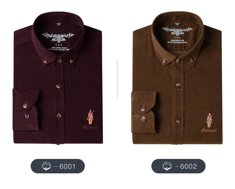 Casual Men's Standard-fit Long-Sleeve Corduroy Shirt Cotton Classic Button-Down Silhouette Embroidered Mens Dress Shirts 6001 (11)