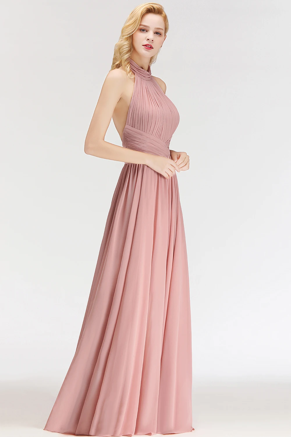 Vestido de festa longo розовое вечернее платье с лямкой на шее длинное шифоновое без