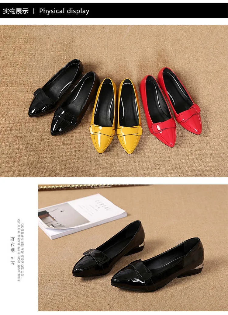 VANGULL Women Patent Leather Shoes OL Loafers Candy Colors Pointed Casual Low-heeled Female Sweet Buckle Boat Yellow Red Shoes