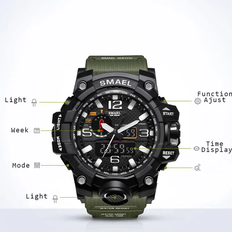 SMAEL, темно-синие спортивные часы для мужчин, двойной дисплей времени, светодиодный дисплей с подсветкой, электронные часы Stopwatch1545, модные мужские наручные часы