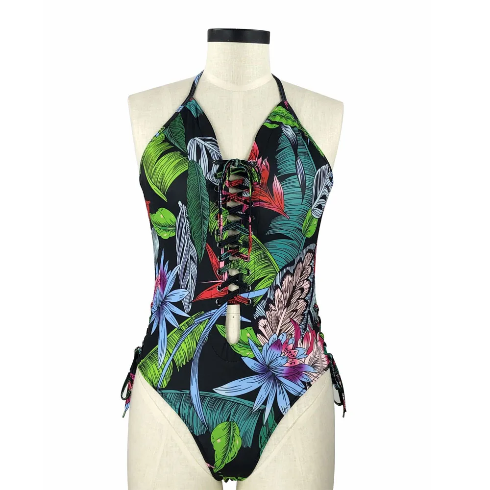Женский купальник на шнуровке черный синий с открытой спиной спортивный пляжные