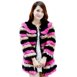 Anna small knitted rabbit fur women's fur coat medium-long o-neck