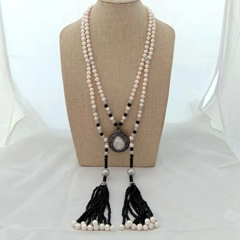 

25" White Pearl Onyx Necklace Black Crystal Pave White Coin Pearl Pendant