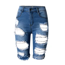 Летние рваные джинсы Капри женские шорты Высокая талия до колена джинсовые брюки горячие джинсы Уличная одежда