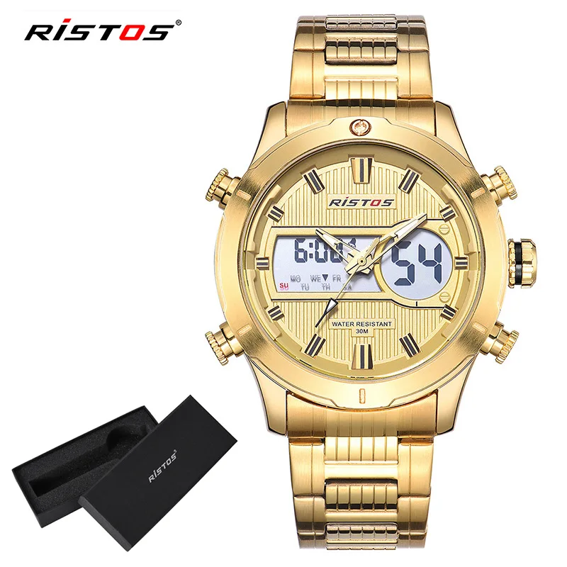 RISTOS мужские спортивные часы из нержавеющей стали, аналоговые наручные часы, многофункциональные часы с хронографом, мужские часы 9360 - Цвет: Gold Box