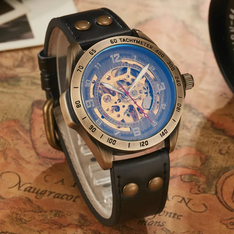 Vintage Men Automatic Mechanical Watch Bronze Case Gold Skeleton Dial Steampunk Leather Self Winding Male Mens Wristwatch Clock