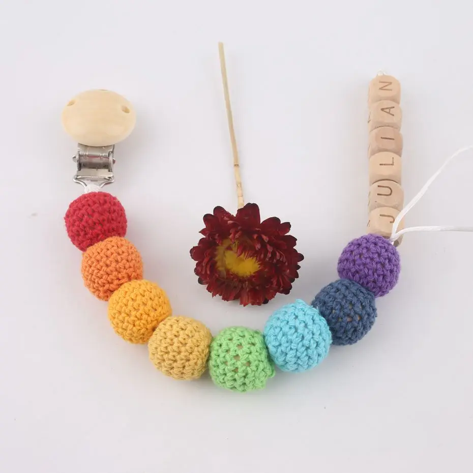 1PC Customize The Baby's Name Baby Pacifier Clips Rainbow Crochet Beads BPA Free Wood Teether Children's Jewelry Teether