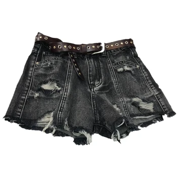 

new fashion black denim shorts hole tassel high waist jeans shorts